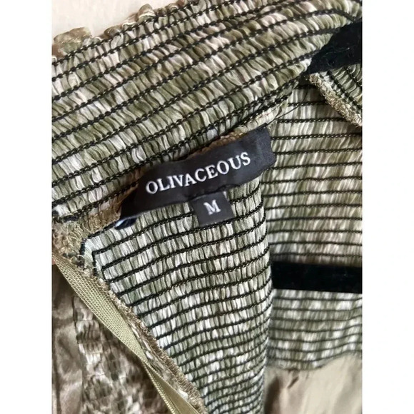 Olivaceous Sage Olive Green and White Mock Neck Dress with Smocking, Long Sleeve - Picture 4 of 9